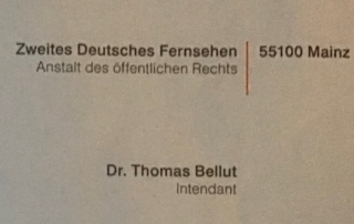 Bild zeigt den Briefkopf eines Schreibens vom ZDF in Mainz von Dr. Thomas Bellut, Intendant