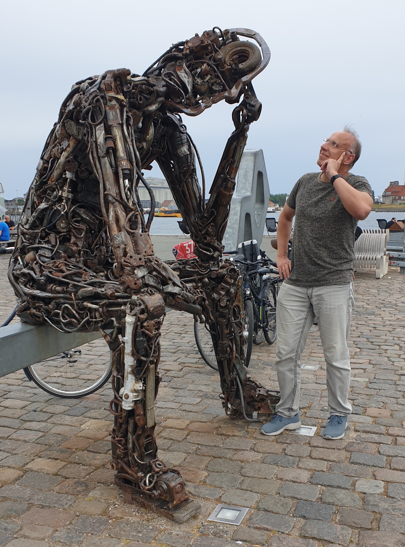 Das Foto zeigt mich neben der Skulptur "Zinkglobal" am Hafen von Kopenhagen. Die Figur wurde aus alten Maschinenteilen kreiert und zeigt einen nachdenkenen sitzenden Menschen, der seinen Kopf mit der Hand stützt.