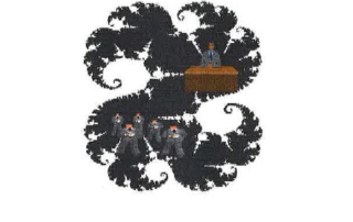 Bild zeig ein Fraktal, in dem eine Führungskraft hinter einem Schreibtisch sitzt, während sich die Mitarbeiter als "Untergebene" darunter aufhalten. Über dem Fraktal steht der Titel "Chaos im Management des Humanvermögens". Unter dem Fraktal steht der Text "Ansatzpunkte der Chaostheorie für die Führungskräfte in Kreditinstituten".